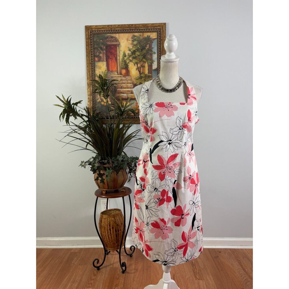 Evan Picone Sheath Dress Womens 10 White Floral Halter Neck Sleeveless Back Zip